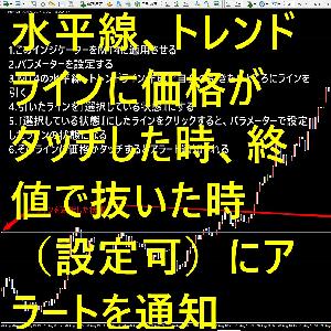 任意で引いた水平線、トレンドラインに価格がタッチした時、もしくは終値で抜いた時（設定可）にアラートを通知するインジケーター。LineTouchAlert インジケーター・電子書籍