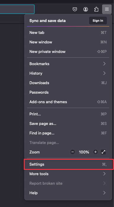 Open Firefox Settings