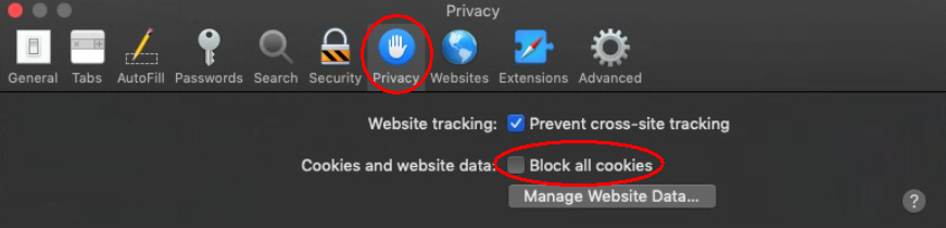 Unchecked block all cookies setting